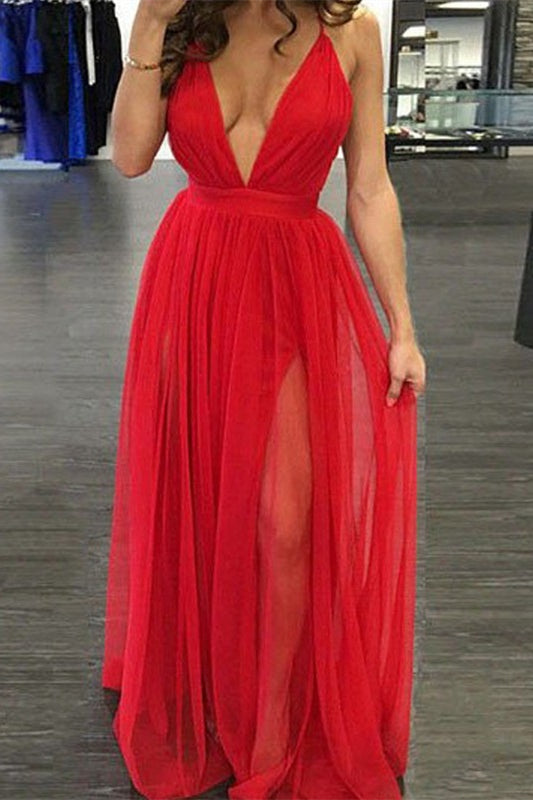 Deep V-Neck Long Prom Dress With Slit in Red