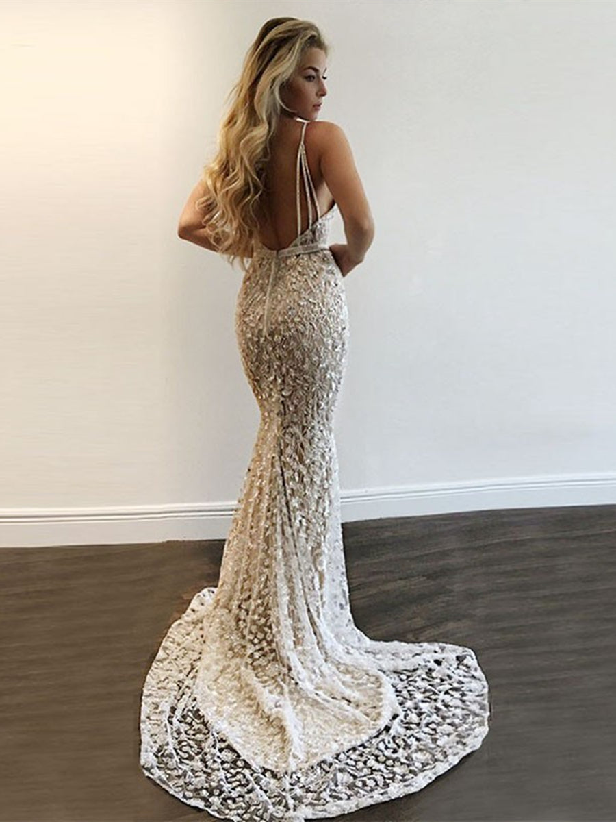 Deep V Neck tti Straps Mermaid Backless Lace Silver Prom Dresses with Sequins, Silver Formal Dresses with Train, Evening Dresses