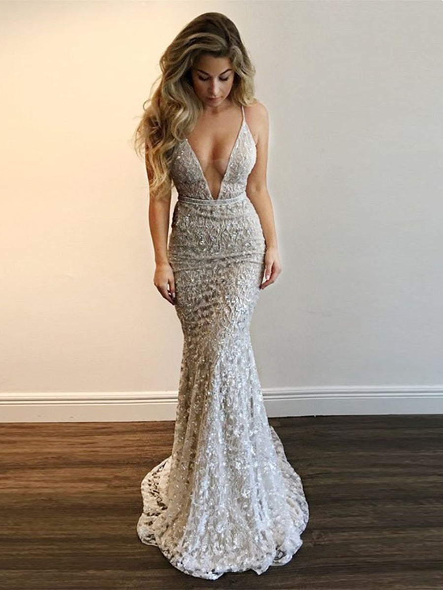 Deep V Neck tti Straps Mermaid Backless Lace Silver Prom Dresses with Sequins, Silver Formal Dresses with Train, Evening Dresses