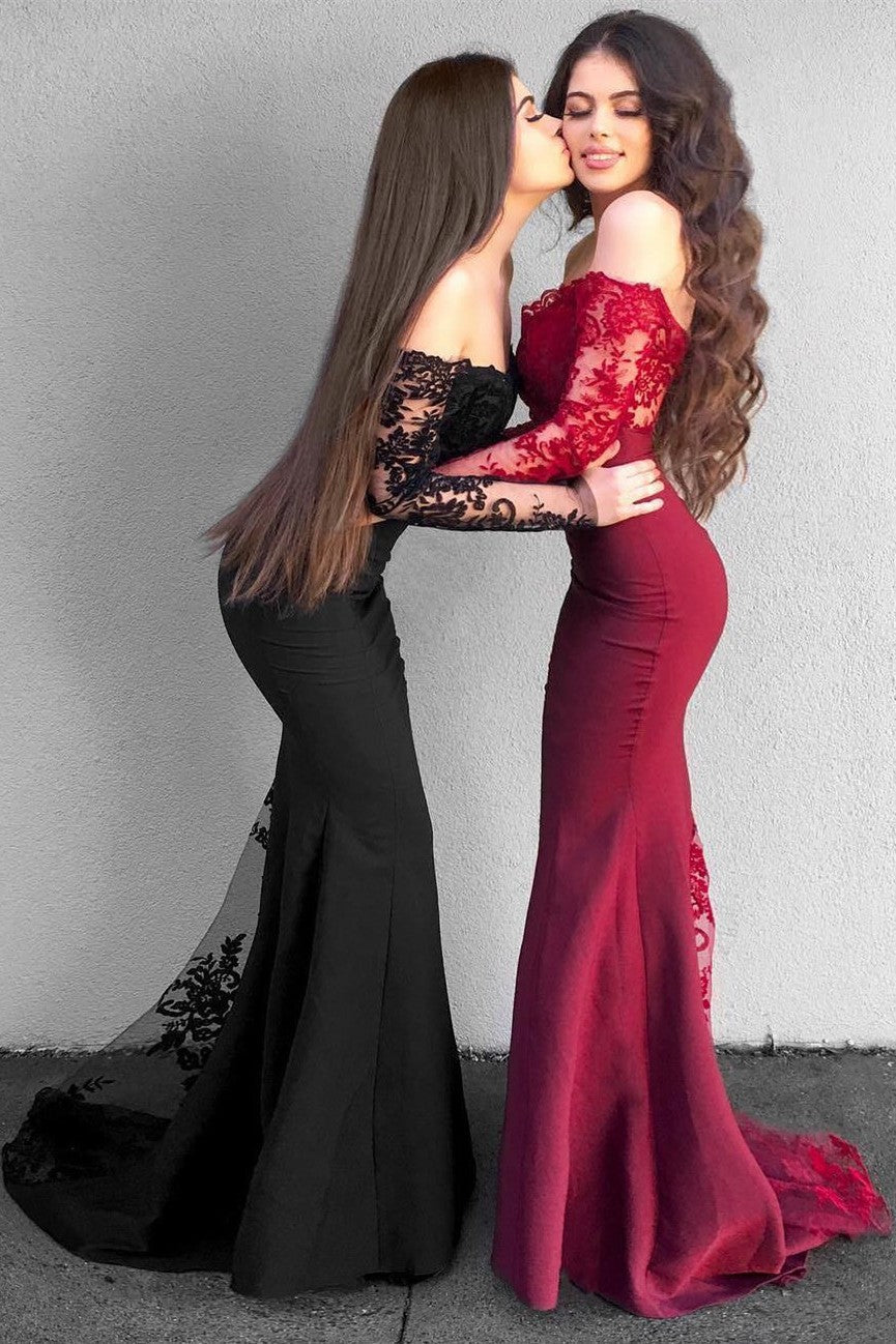 Delicate Lace Mermaid Long Sleeve Prom Dress | Off Shoulder Prom Dress BA9154