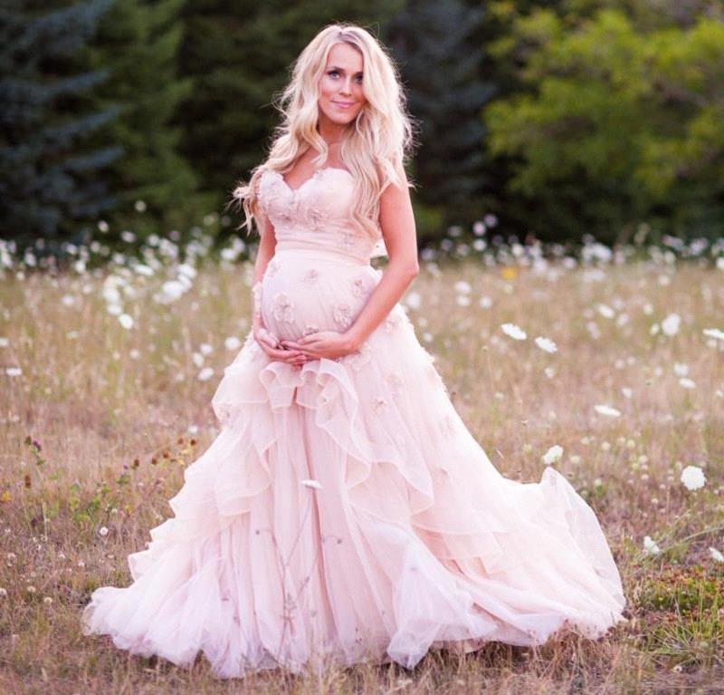 Delicate Pink Flowers Maternity Wedding Dress Sweetheart Sweep Train