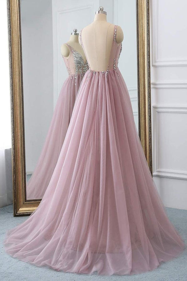 Dusty Pink Tulle Silver Beading Long Prom Dress