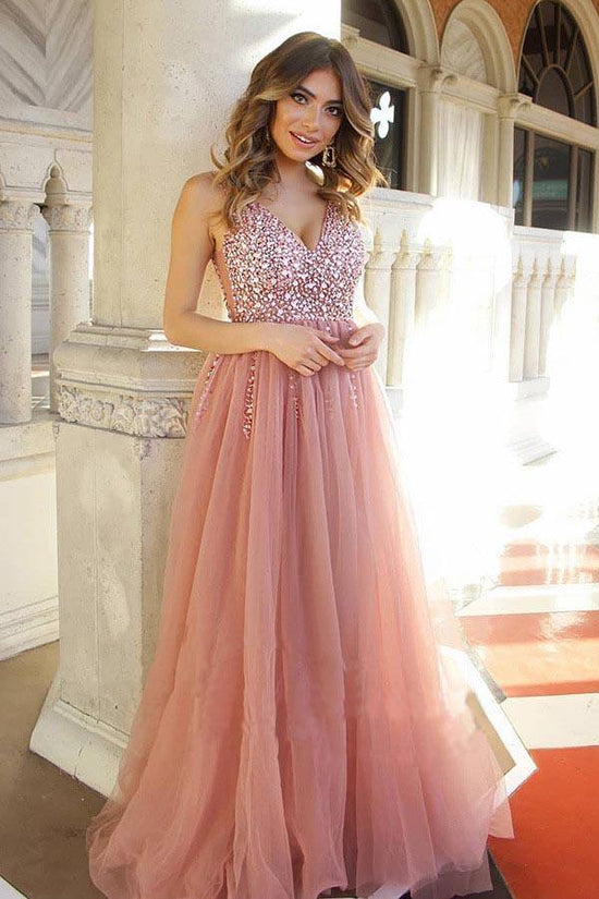 Dusty Rose Tulle Long Prom Dress With Beading Top