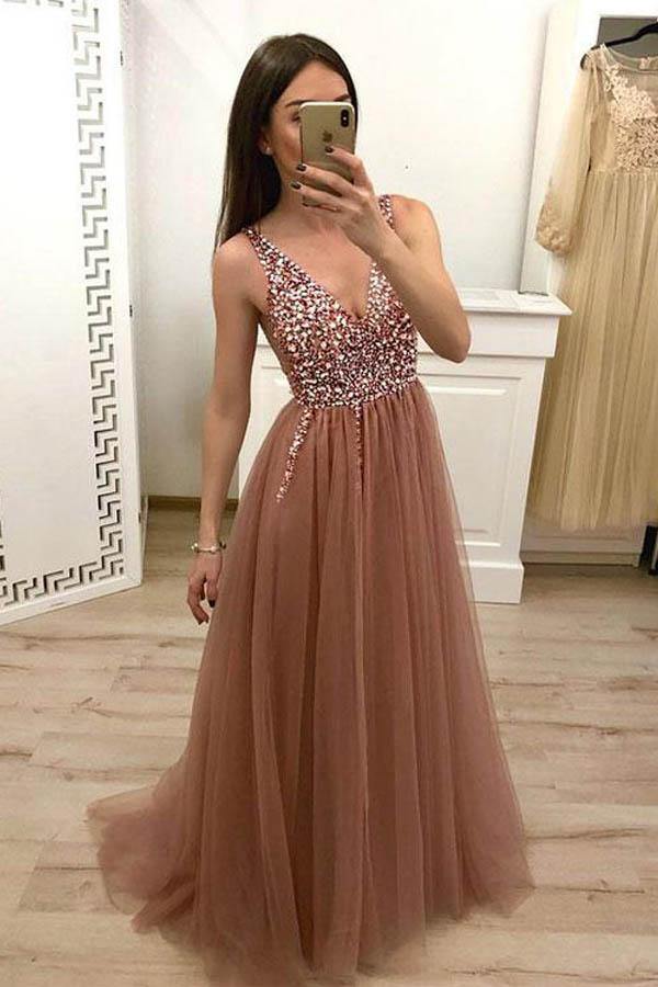 Dusty Rose Tulle Long Prom Dress With Beading Top