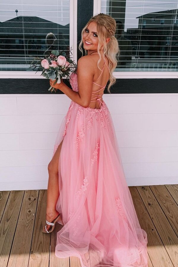 Elegant A-Line Backless Tulle Lace Long Prom Dress With Slit