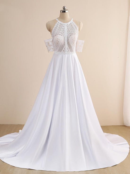Elegant A-line Halter Lace Satin Long Wedding Dress