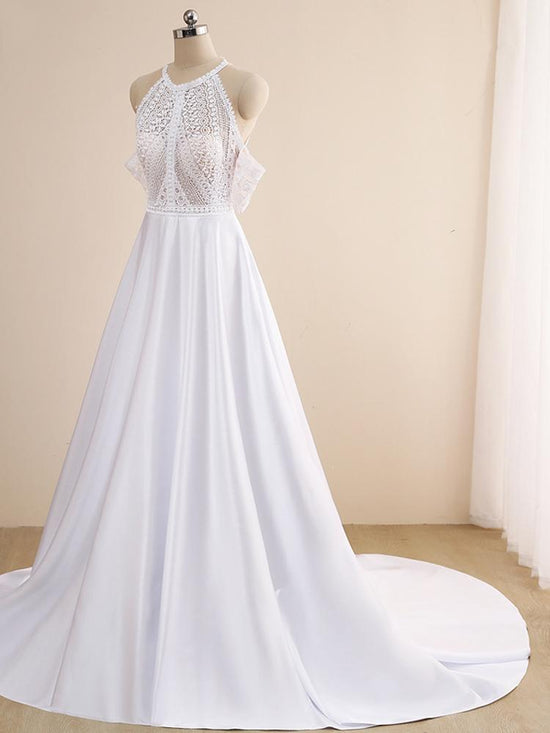 Elegant A-line Halter Lace Satin Long Wedding Dress