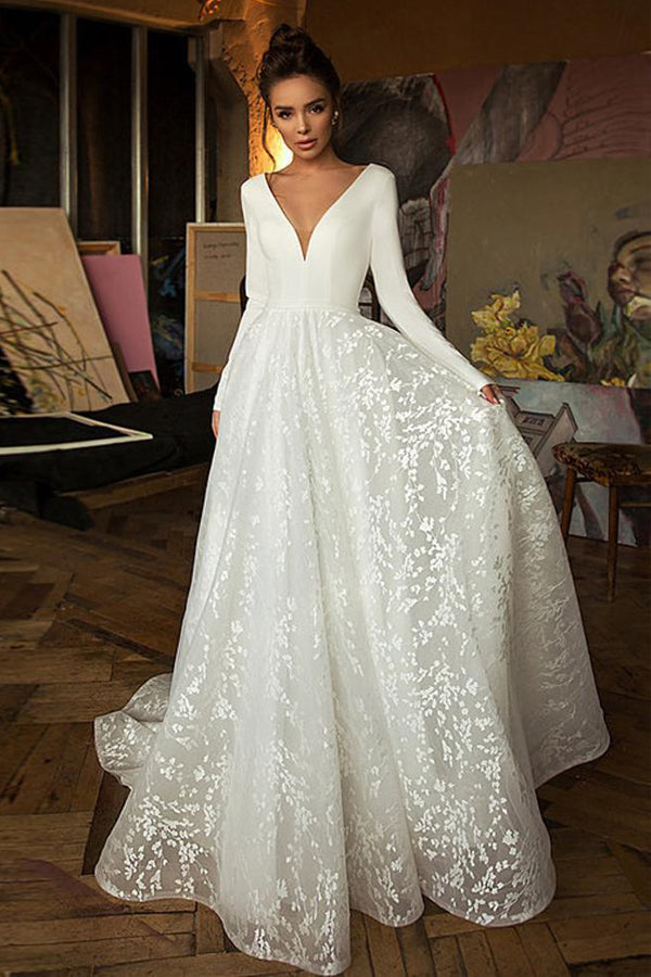Elegant A Line Long Sleeve Lace Backless Wedding Dress