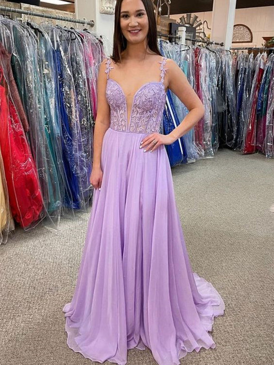 Elegant Blue/Purple V Neck Lace Chiffon Long Prom Dresses with High Slit, Blue/Purple Lace Formal Graduation Evening Dresses 