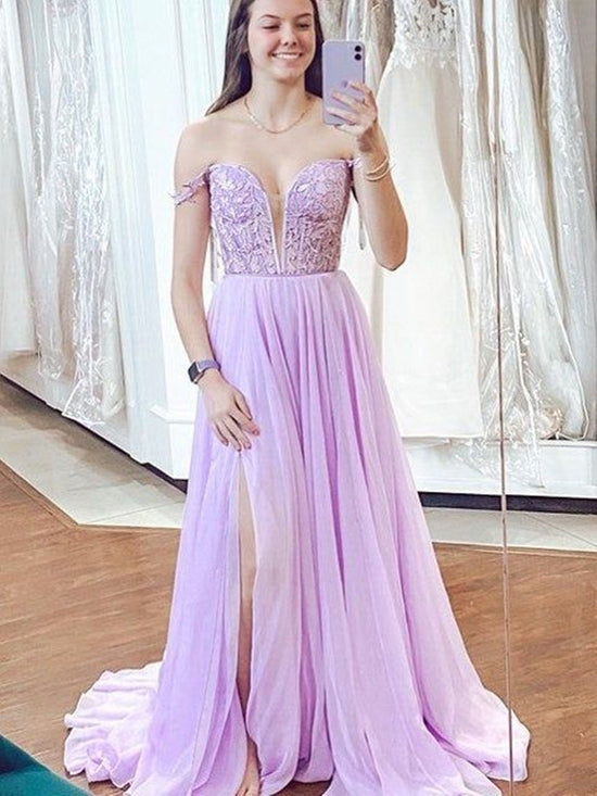 Elegant Blue/Purple V Neck Lace Chiffon Long Prom Dresses with High Slit, Blue/Purple Lace Formal Graduation Evening Dresses 