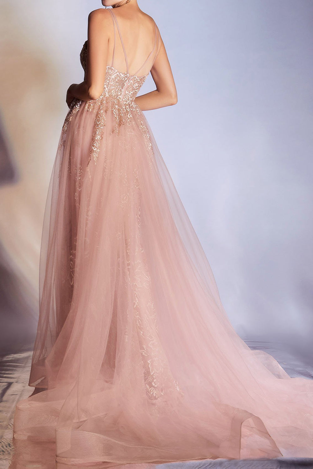Elegant Floral Lace Tulle Spaghetti Strapes Prom Dress