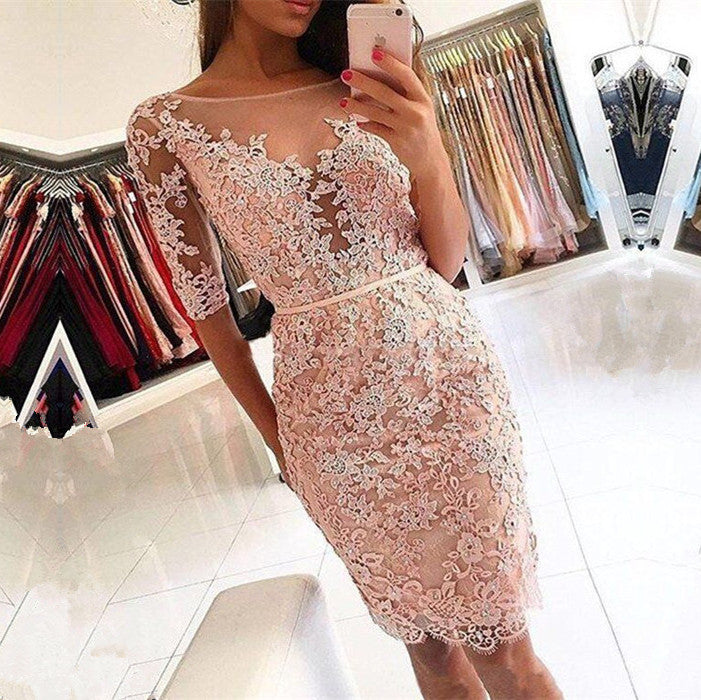Elegant Half-Sleeve Homecoming Dress | Short Party Dress With Lace Appliques