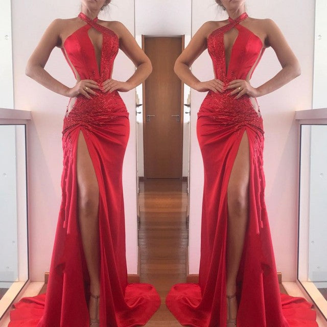 Load image into Gallery viewer, Elegant Halter Red Prom Dresses | Sleeveless Lace Appliques Evening Gowns With Slit BC1161
