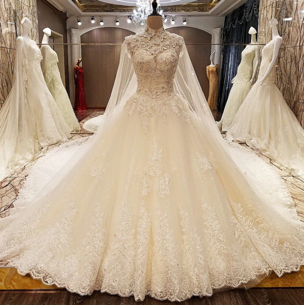 Elegant High-Neck Lace Wedding Dresses | Princess Bridal Gown