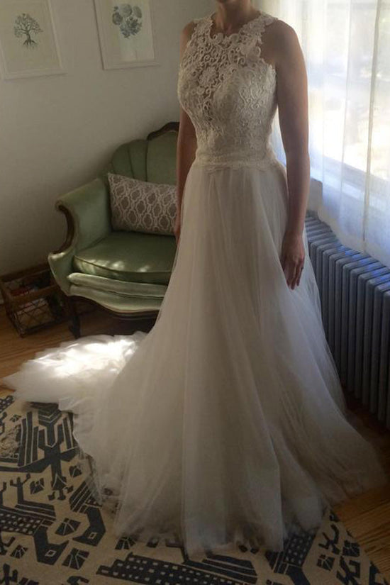 Elegant Ivory Chiffon Wedding Dress With Lace Top