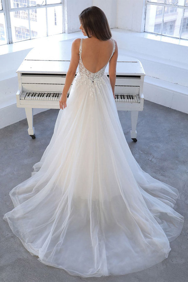 Elegant Ivory Tulle A Line Backless Wedding Dress Lace Bridal Gown