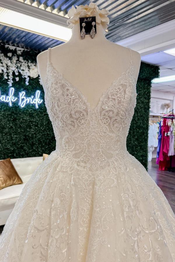 Elegant Long A-line V-neck Floral Lace Open Back Wedding Dresses