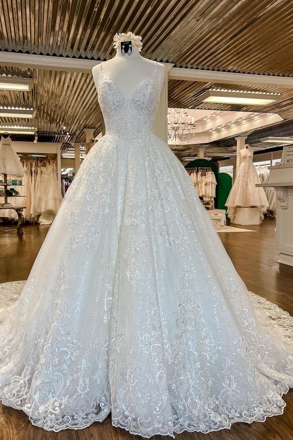 Elegant Long A-line V-neck Floral Lace Open Back Wedding Dresses