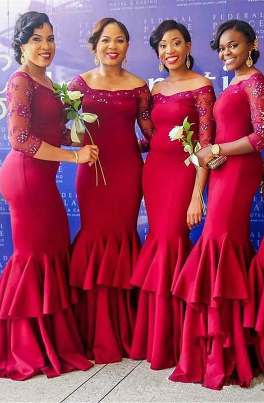 Elegant Long Sleeve Bridesmaid Dress | Mermaid Lace Fuchsia Maid of Honor Dress