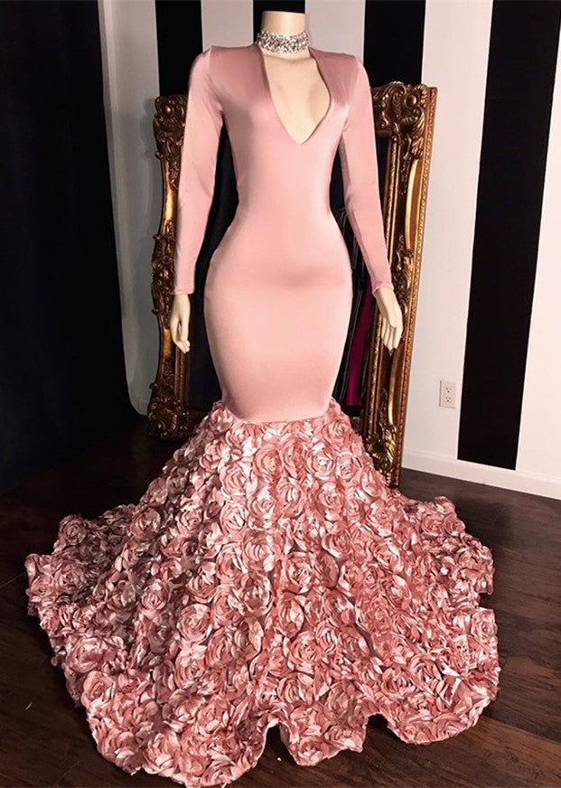 Elegant Long Sleeve Pink Prom Dresses | Mermaid Flowers Bottom Evening Gowns BC1341