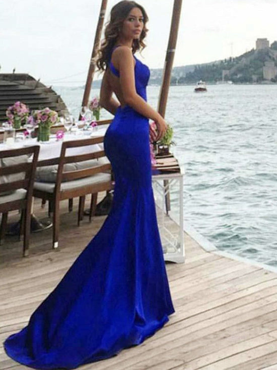 Load image into Gallery viewer, Elegant Mermaid Backless Royal Blue Prom Dresses with Train, Royal Blue Formal Dresses, Graduation Dresses
