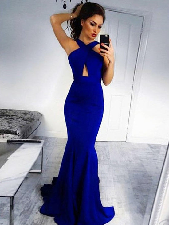 Load image into Gallery viewer, Elegant Mermaid Backless Royal Blue Prom Dresses with Train, Royal Blue Formal Dresses, Graduation Dresses
