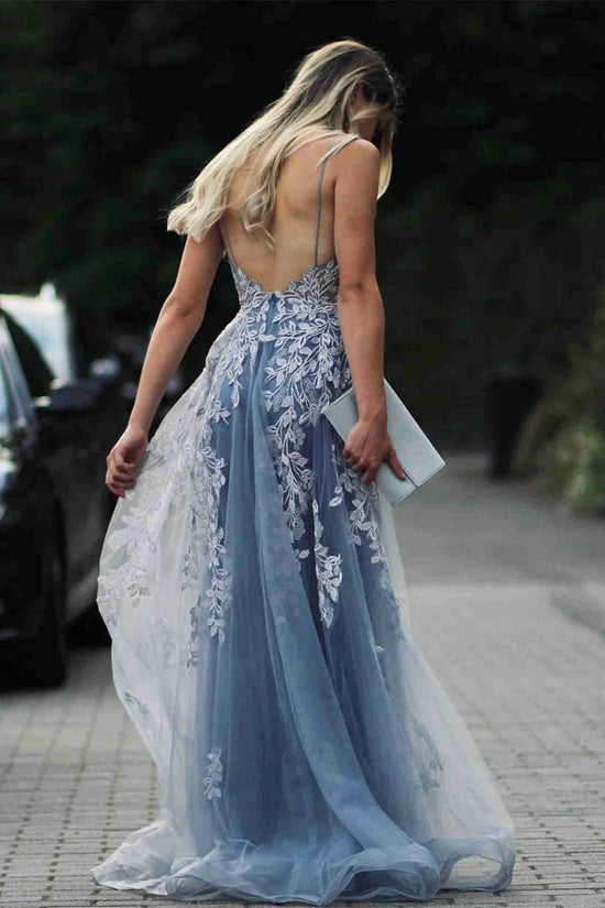 Elegant Mermaid Backless V Neck Blue Lace Long Prom Dresses, Mermaid Blue Formal Dresses, Blue Lace Evening Dresses 
