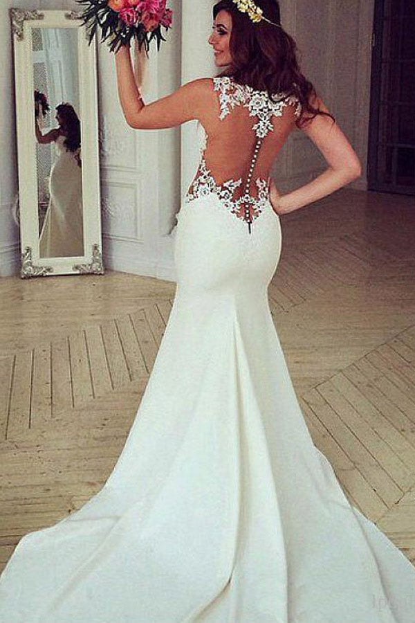 Elegant Mermaid Illusion Neck See Through Lace Wedding Dress