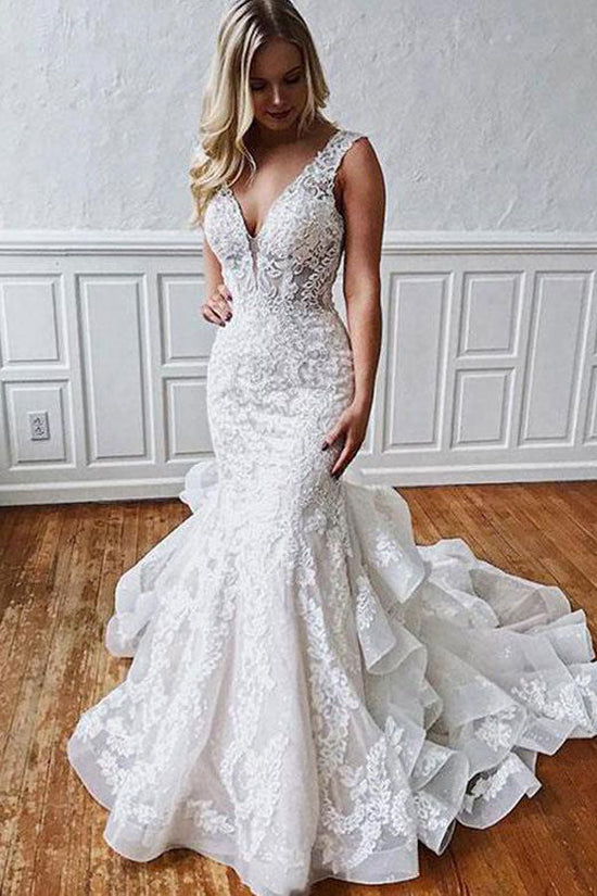 Mermaid White Tulle Lace Wedding Dress with Ruffles