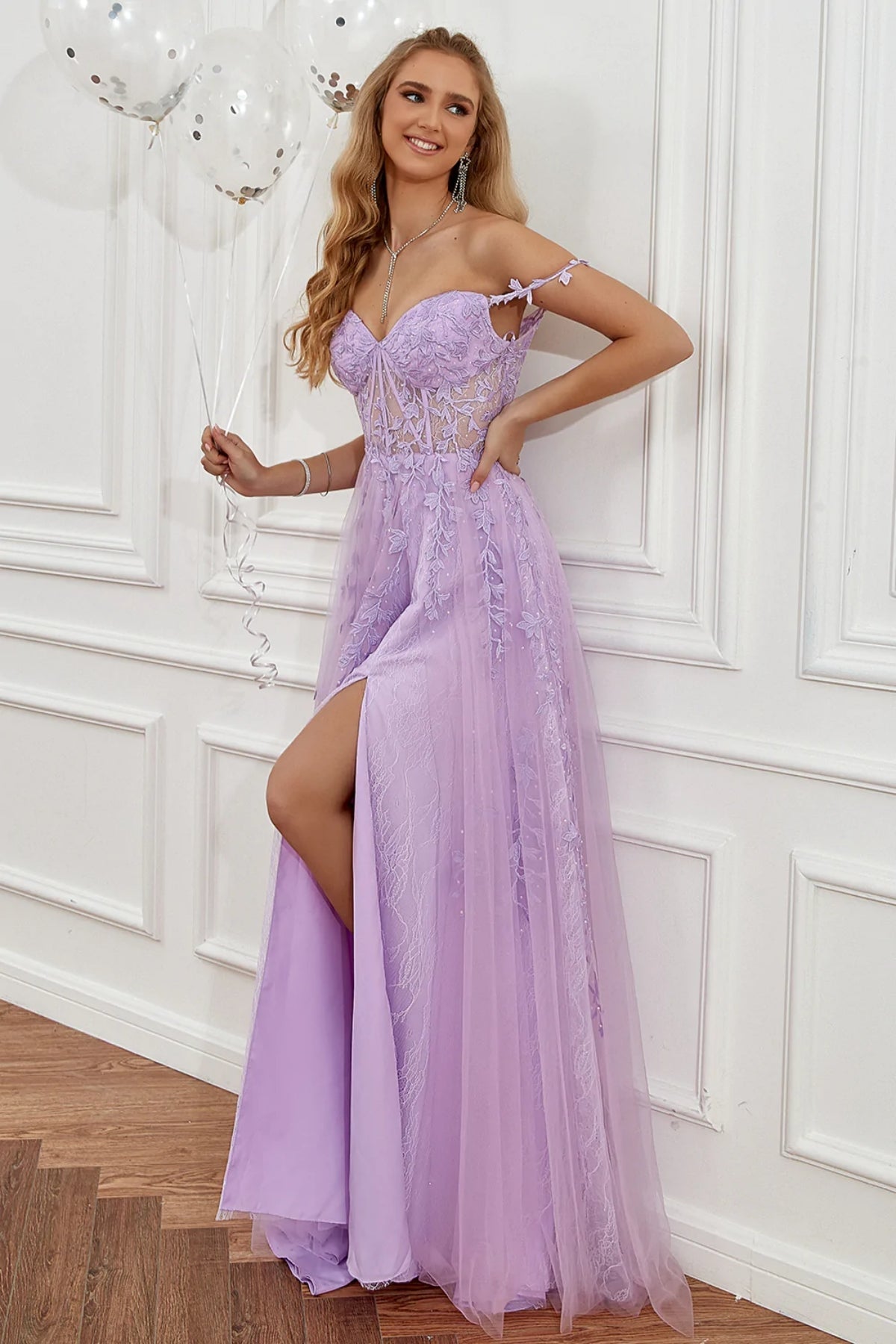Elegant Off Shoulder Purple Lace Long Prom Dresses with High Slit, Lilac Lace Formal Dresses, Lavender Evening Dresses 