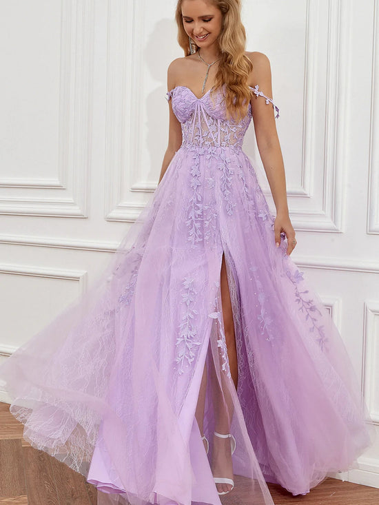 Elegant Off Shoulder Purple Lace Long Prom Dresses with High Slit, Lilac Lace Formal Dresses, Lavender Evening Dresses 