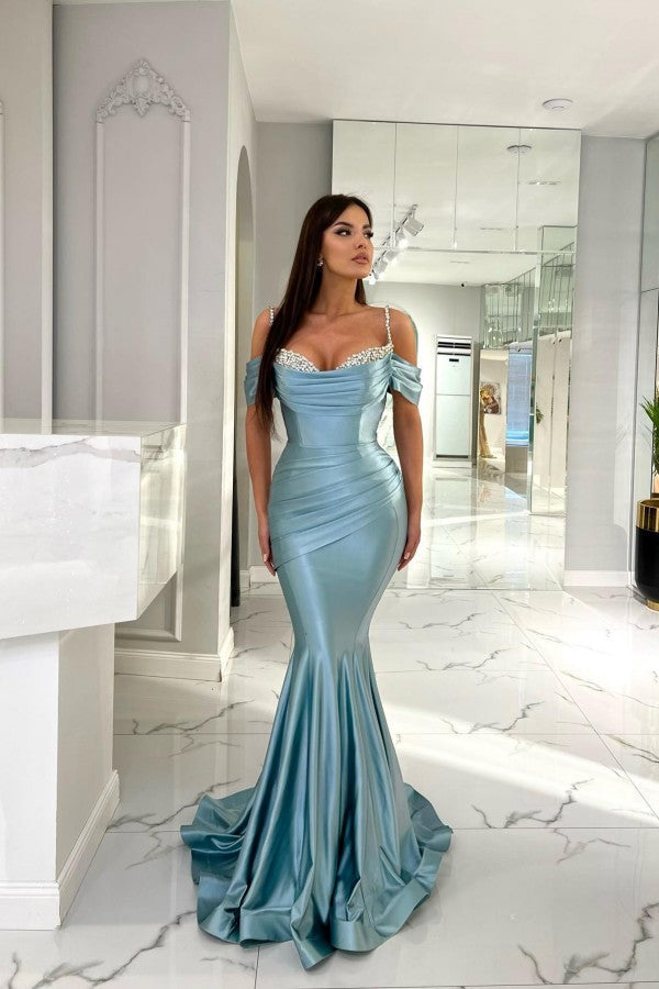 Elegant Off the Shoulder Spaghetti Straps Floor Length Prom Dress with Ruffles