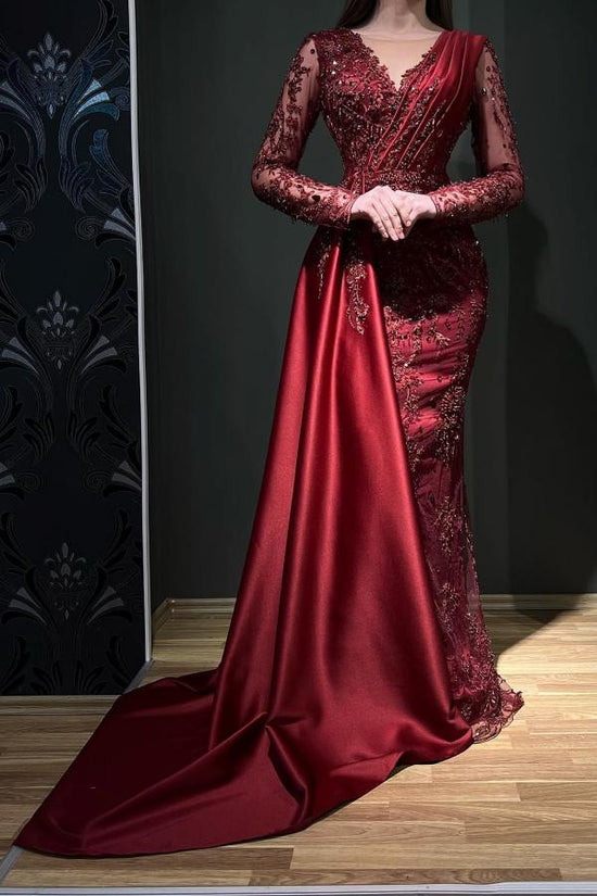 Elegant Ruby V-Neck Mermaid Floor-Length Long Sleeve Prom, Formal Dress