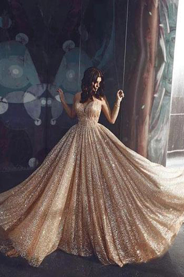 Elegant Spaghetti Straps Backless Prom Dress Sparkly Evening Dress