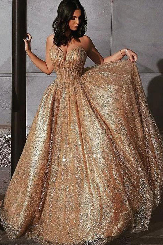 Elegant Spaghetti Straps Backless Prom Dress Sparkly Evening Dress