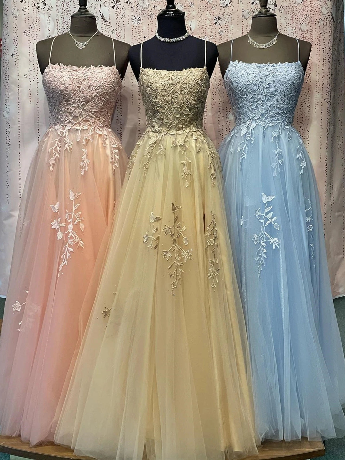 Elegant tti Straps Beaded Pink/Champagne/Blue Lace Tulle Long Prom Dresses, Pink/Champagne/Blue Lace Formal Graduation Evening Dresses 
