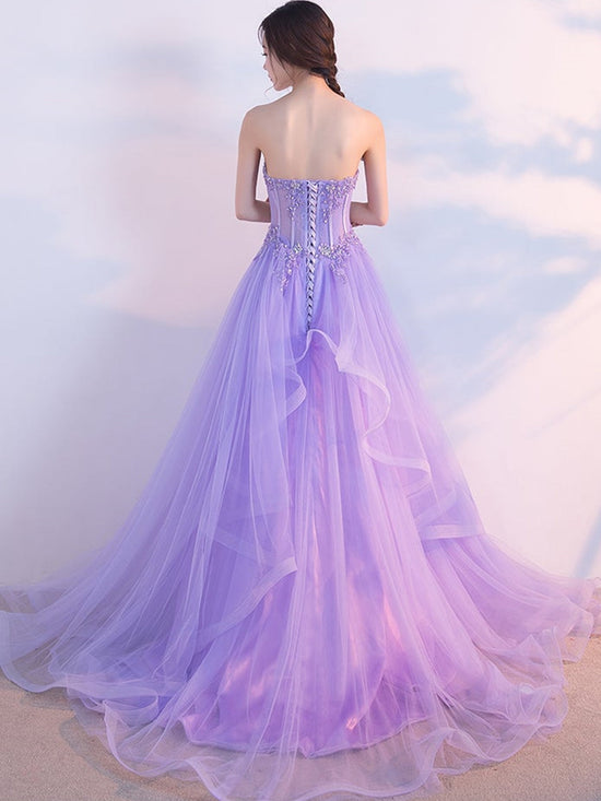 Elegant Strapless Open Back Purple Lace Long Prom Dresses, Purple Lace Formal Evening Dresses, Purple Ball Gown 