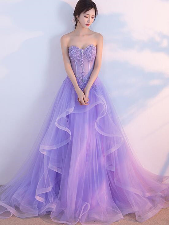 Elegant Strapless Open Back Purple Lace Long Prom Dresses, Purple Lace Formal Evening Dresses, Purple Ball Gown 