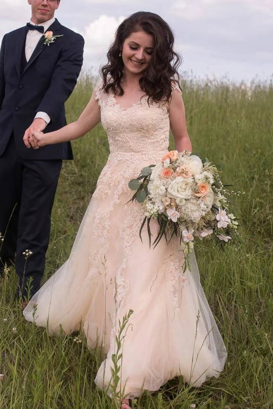 Elegant V Neck Cap Sleeve Lace Wedding Dress Tulle Bridal Gown WW271