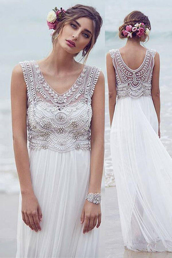 Elegant White Tulle Beach Wedding Dress with Beading