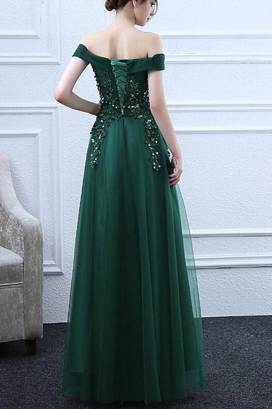 Emerald Green Tulle Off The Shoulder Prom Dresses With Appliques