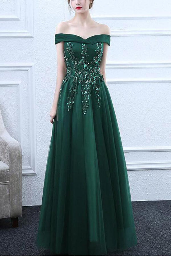 Emerald Green Tulle Off The Shoulder Prom Dresses With Appliques