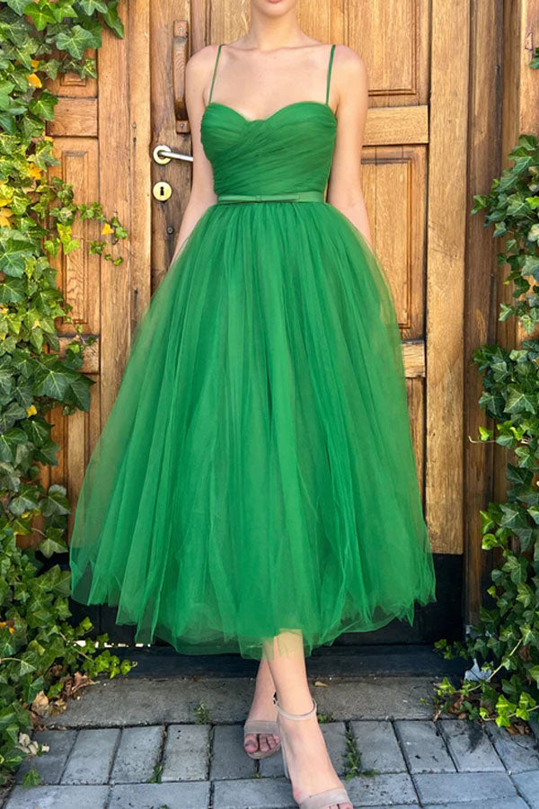 Emerald Green Tulle Tea Length Prom Gown Sweetheart Homecoming Dress