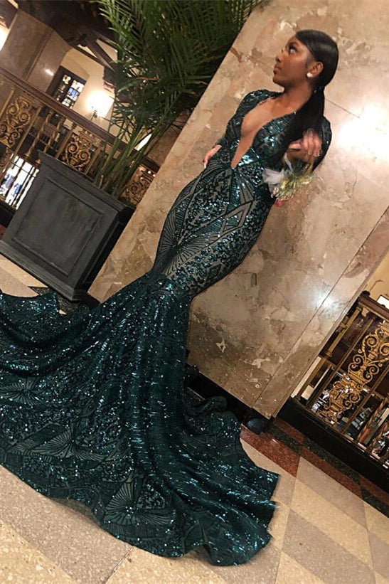 Emerald V-Neck Long Sleeves Sequins Lace Prom Dress Mermaid