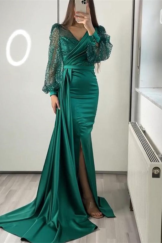 Evening Dress: Sequins V-Neck Long Sleeves Mermaid Split with Ruffle