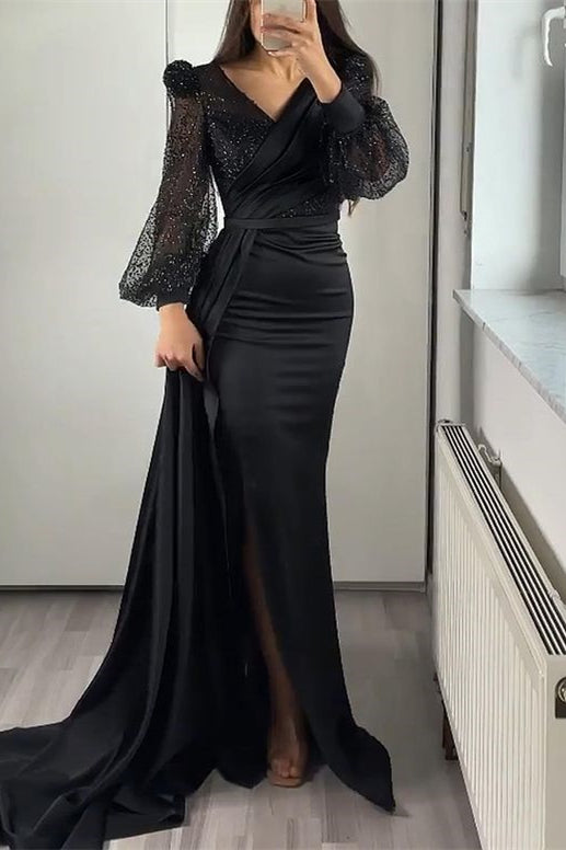 Evening Dress: Sequins V-Neck Long Sleeves Mermaid Split with Ruffle
