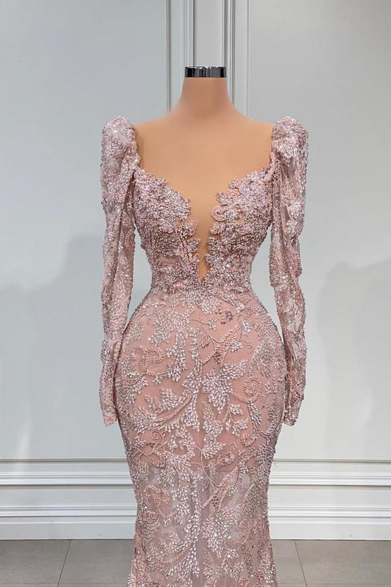 Exquisite Pink V-Neck Floor Length Long Sleeves Prom, Formal Dress