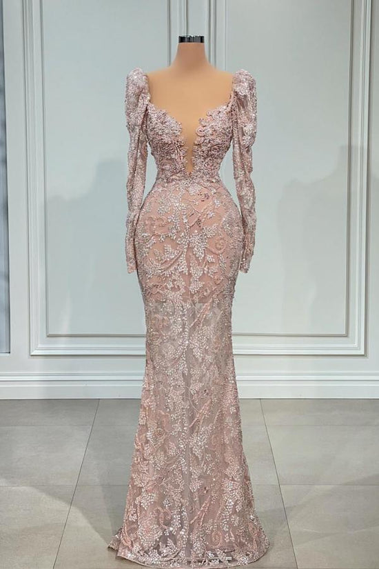 Exquisite Pink V-Neck Floor Length Long Sleeves Prom, Formal Dress