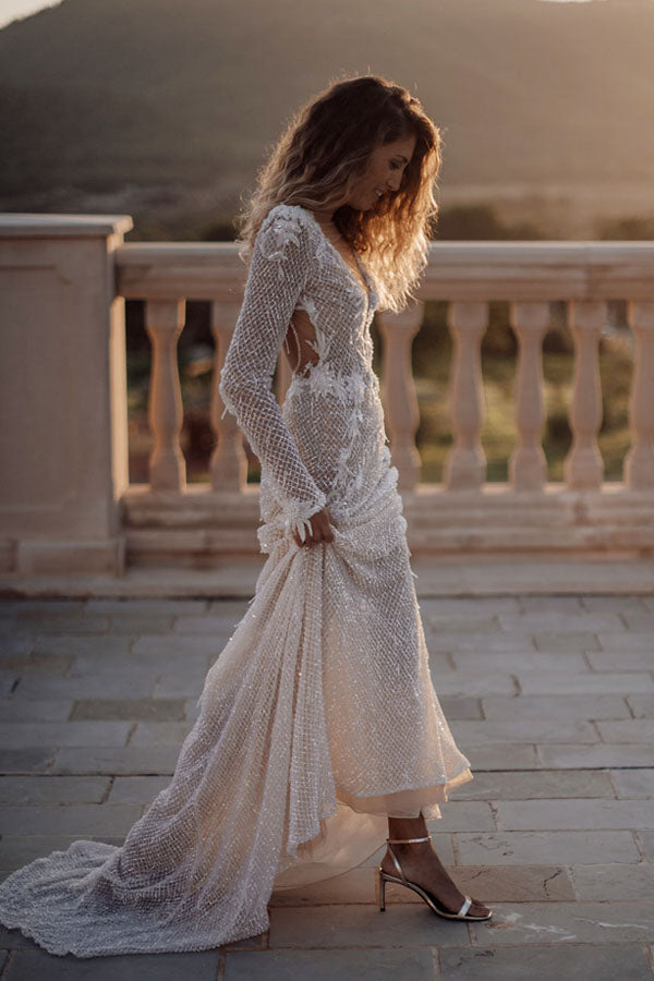 Fabulous Long Sleeve Illusion Neckline Backless Wedding Dress WW283