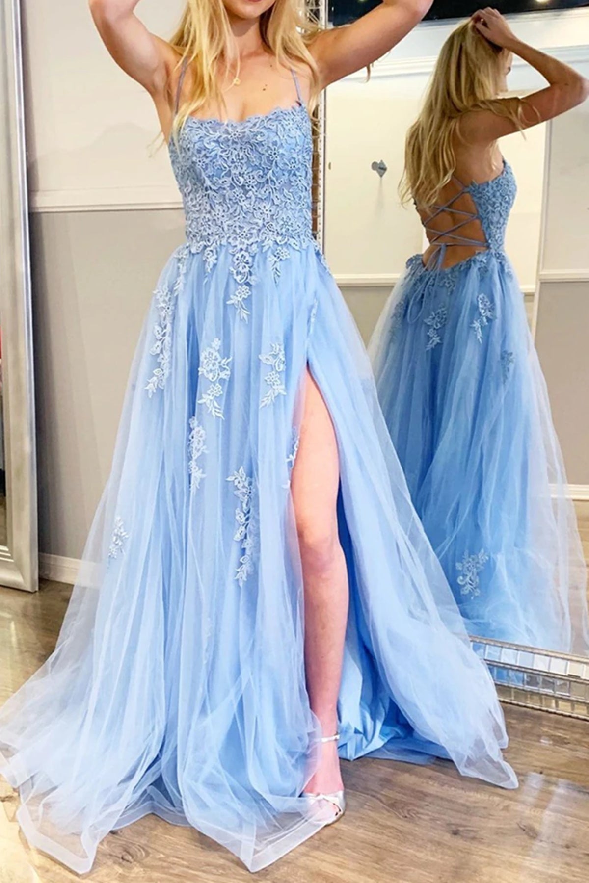 Fashion Criss-Cross Back Light Blue Lace Long Prom Dresses with High Slit, Backless Light Blue Lace Floral Formal Evening Dresses 